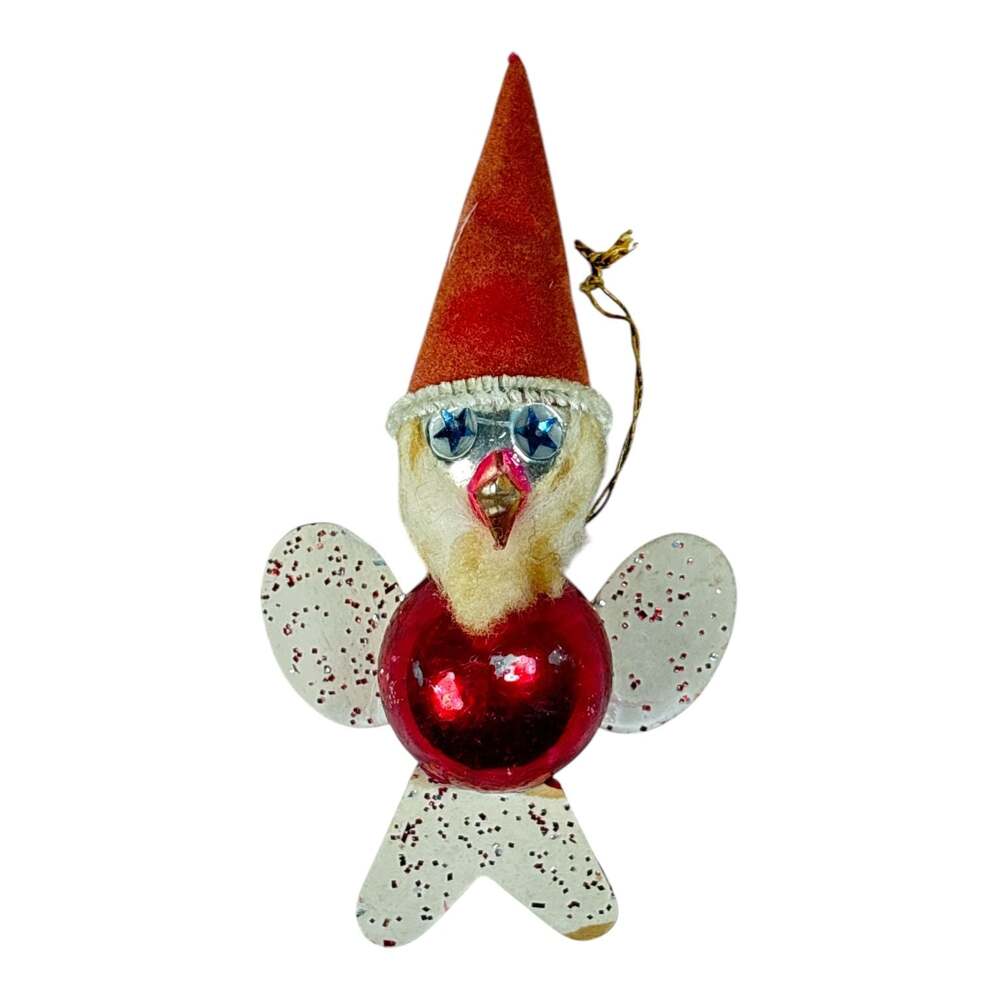 Vintage 40s Mercury Glass Bird Christmas Ornament Cardboard Wings & Flocked Hat
